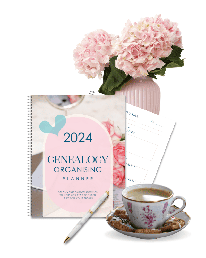 2024 genealogy organising planner with flowers and a cup of coffee.