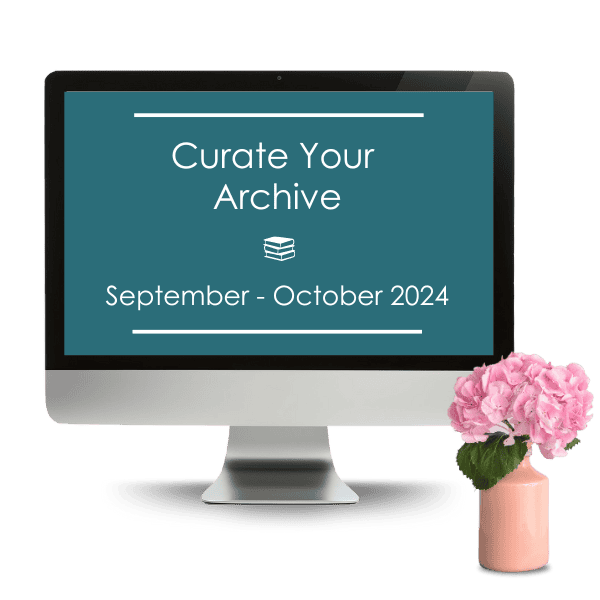 A computer screen displaying the text "Curate Your Archive, September - October 2024," with a pink flower in a vase beside it.