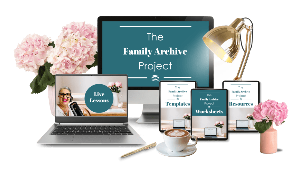 A collection of digital and physical items includes a desktop monitor, laptop, tablets displaying "The Family Archive Project," flowers, a lamp, a cup of coffee, and a woman on the laptop screen labeled "Live Lessons.