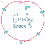 A logo with the text "Genealogy Space" in turquoise script font inside a red heart-shaped border decorated with small turquoise and pink hearts.